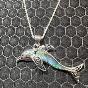 Dolphin Necklace with Green Abalone Stones 18K White Gold Plated